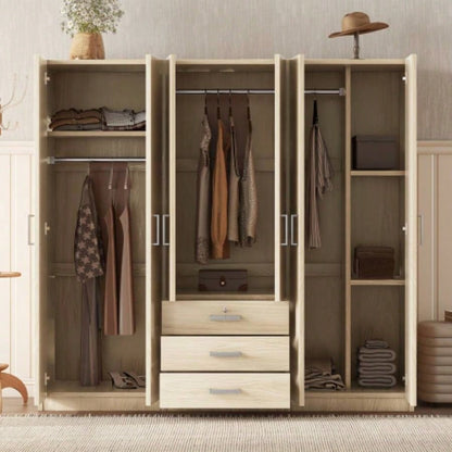 6 - Doors Wooden Wardrobe Storage Bedroom, with Big Drawers, Brown