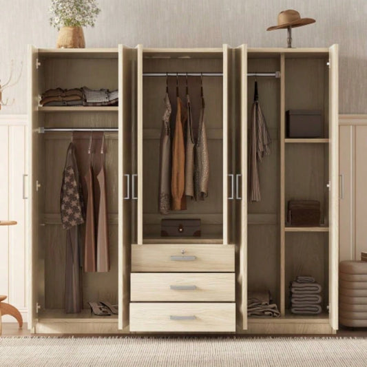 6 - Doors Wooden Wardrobe Storage Bedroom, with Big Drawers, Brown