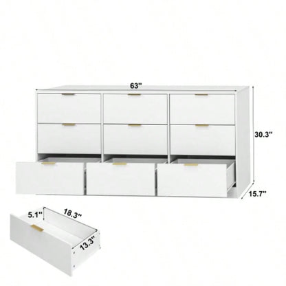 White 9 Drawer Dresser, 63 Large Deep Chest of Drawers, Wooden Dresser Storage Cabinet with 9 Drawers Bedroom, Long Dressers Living Room, Hallway
