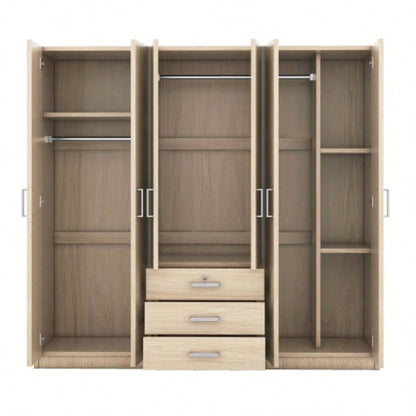 6 - Doors Wooden Wardrobe Storage Bedroom, with Big Drawers, Brown
