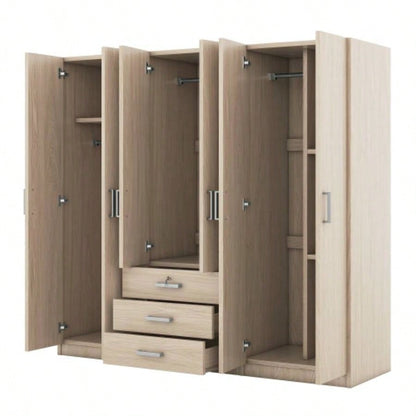6 - Doors Wooden Wardrobe Storage Bedroom, with Big Drawers, Brown