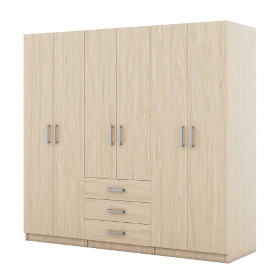 6 - Doors Wooden Wardrobe Storage Bedroom, with Big Drawers, Brown