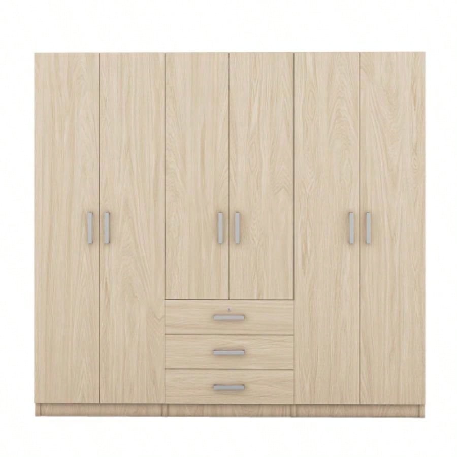 6 - Doors Wooden Wardrobe Storage Bedroom, with Big Drawers, Brown