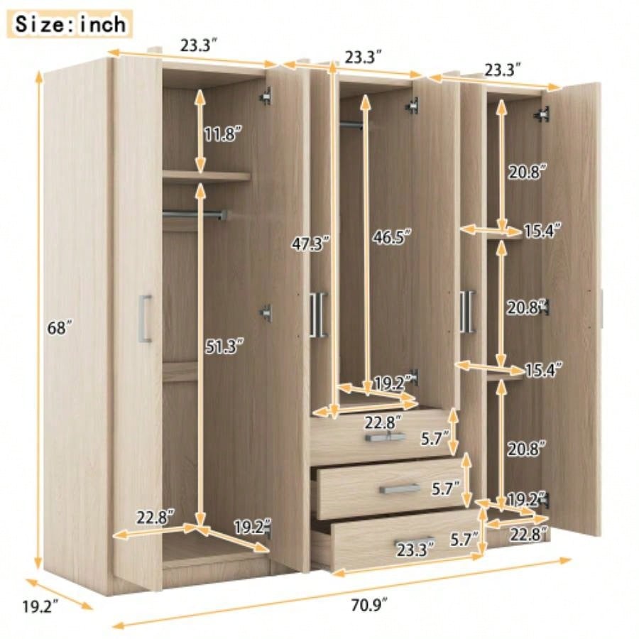 6 - Doors Wooden Wardrobe Storage Bedroom, with Big Drawers, Brown
