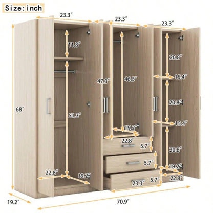 6 - Doors Wooden Wardrobe Storage Bedroom, with Big Drawers, Brown