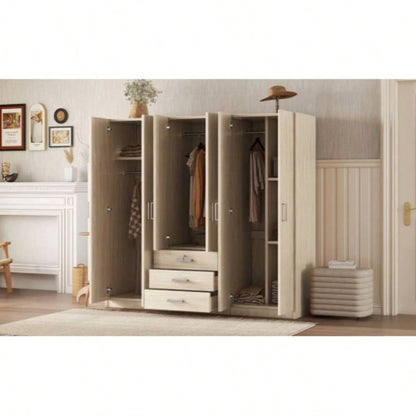 6 - Doors Wooden Wardrobe Storage Bedroom, with Big Drawers, Brown