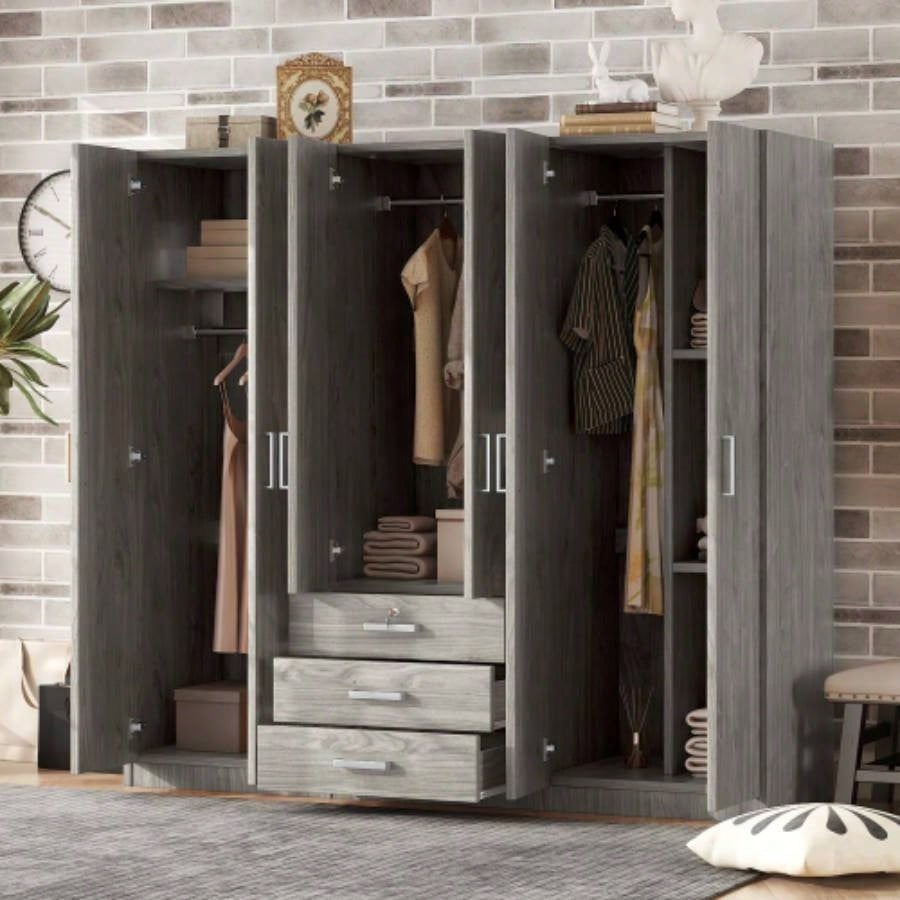 6 - Doors Wooden Wardrobe Storage Bedroom, with Big Drawers, Brown