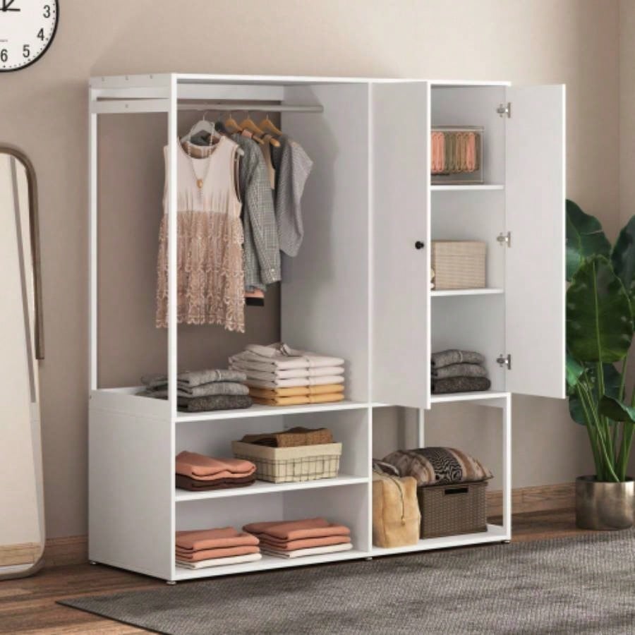 Wardrobe Closet, White Cabinet with Shelves, High wardrobe with 2 doors, some storage shelves, Large Clothing Storage with Hanging Rod Bedroom, Living/Laundry Room