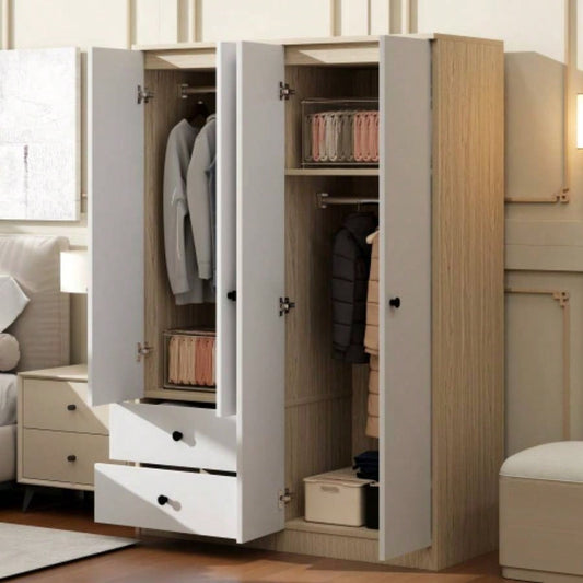 4 Door Wardrobe Closet with Drawers, Shelf and Hanging Rod, White