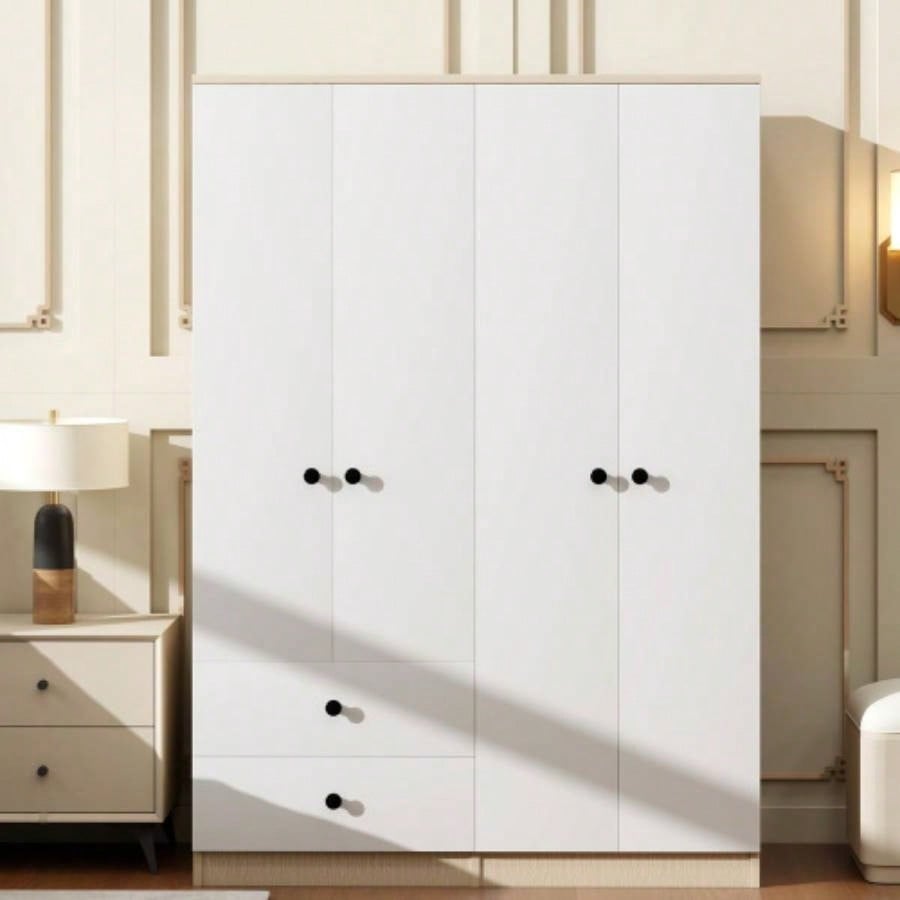 4 Door Wardrobe Closet with Drawers, Shelf and Hanging Rod, White