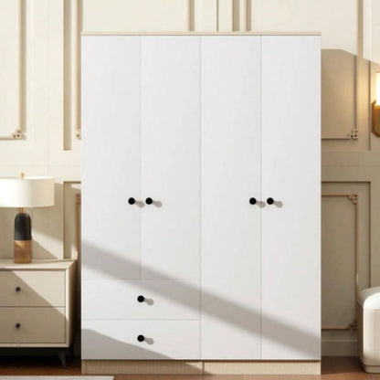 4 Door Wardrobe Closet with Drawers, Shelf and Hanging Rod, White