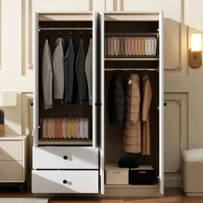 4 Door Wardrobe Closet with Drawers, Shelf and Hanging Rod, White