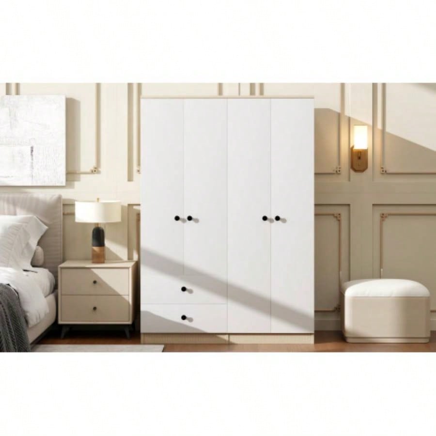 4 Door Wardrobe Closet with Drawers, Shelf and Hanging Rod, White