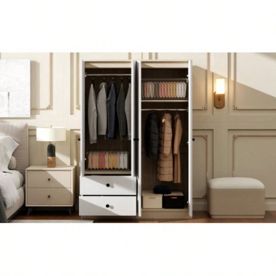 4 Door Wardrobe Closet with Drawers, Shelf and Hanging Rod, White
