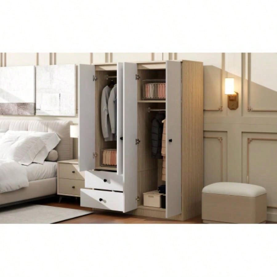 4 Door Wardrobe Closet with Drawers, Shelf and Hanging Rod, White