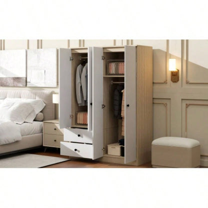 4 Door Wardrobe Closet with Drawers, Shelf and Hanging Rod, White