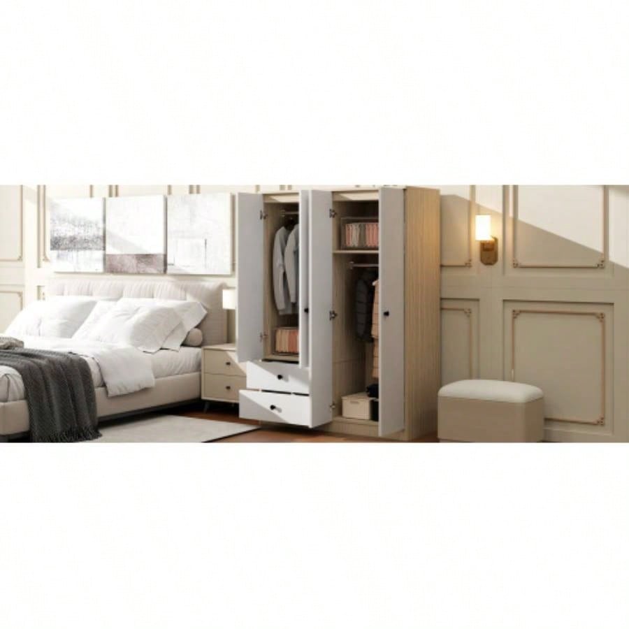 4 Door Wardrobe Closet with Drawers, Shelf and Hanging Rod, White