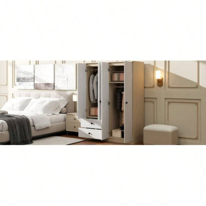 4 Door Wardrobe Closet with Drawers, Shelf and Hanging Rod, White