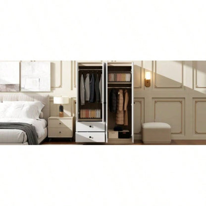4 Door Wardrobe Closet with Drawers, Shelf and Hanging Rod, White