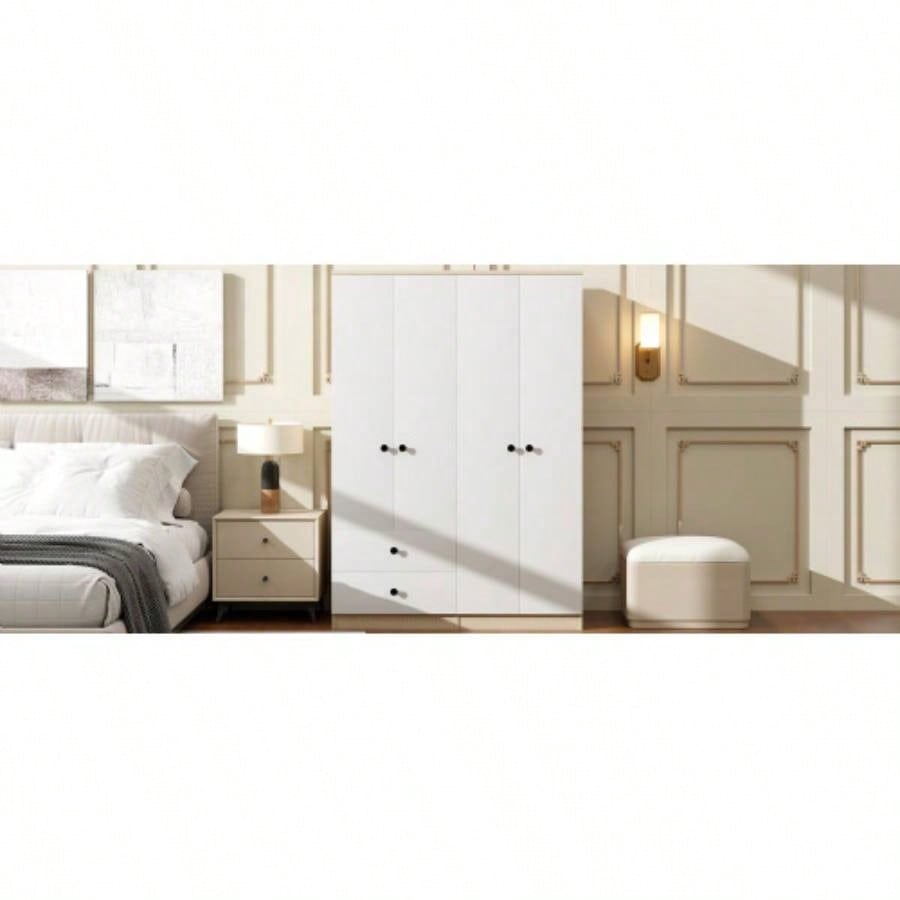 4 Door Wardrobe Closet with Drawers, Shelf and Hanging Rod, White