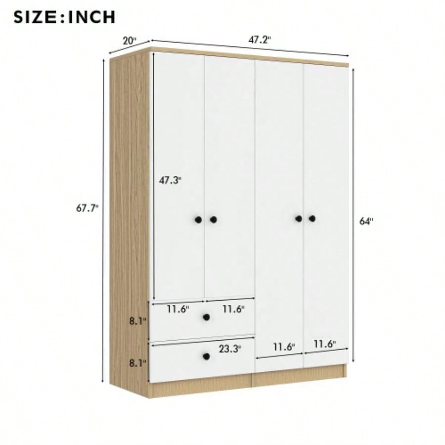 4 Door Wardrobe Closet with Drawers, Shelf and Hanging Rod, White