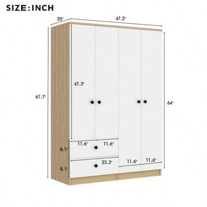 4 Door Wardrobe Closet with Drawers, Shelf and Hanging Rod, White