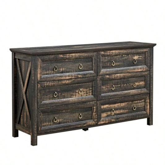 Farmhouse 6 Drawers Dresser Bedroom, Wood Rustic Wide Chest of Drawers, Storage Dressers Organizer Bedroom, Living Room, Hallway, Dark Rustic Oak