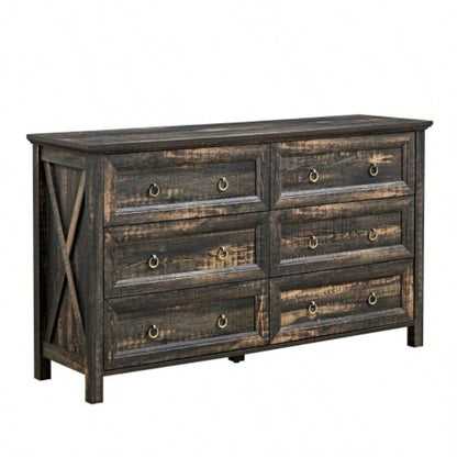Farmhouse 6 Drawers Dresser Bedroom, Wood Rustic Wide Chest of Drawers, Storage Dressers Organizer Bedroom, Living Room, Hallway, Dark Rustic Oak