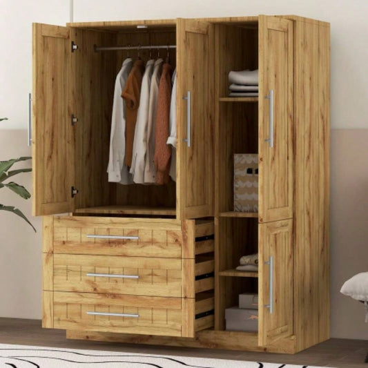 4 Door Wardrobe Armoire Closet with 3 Drawers, Natural