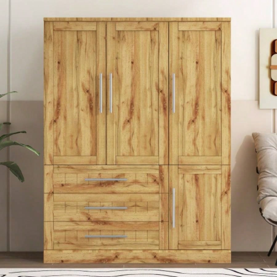4 Door Wardrobe Armoire Closet with 3 Drawers, Natural