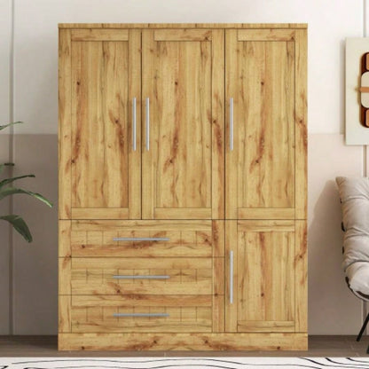 4 Door Wardrobe Armoire Closet with 3 Drawers, Natural