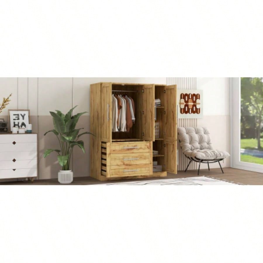 4 Door Wardrobe Armoire Closet with 3 Drawers, Natural
