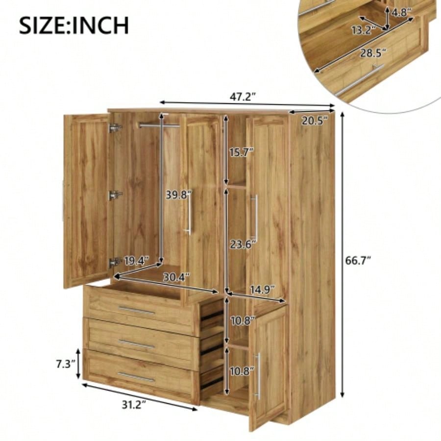 4 Door Wardrobe Armoire Closet with 3 Drawers, Natural