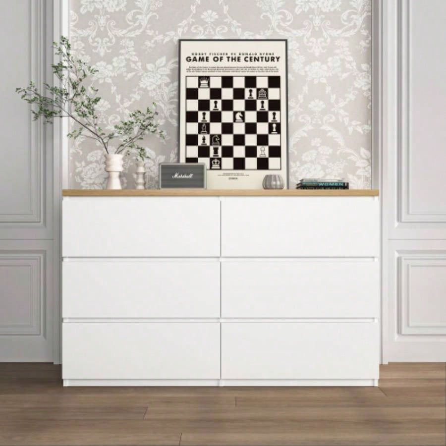 6 Drawer Storage Cabinet, Dresser, Wood Storage Tower Clothes Organizer, Wide Chest of 6 Drawers, Large Storage Space Bedroom, Hallway, Entryway Living Room