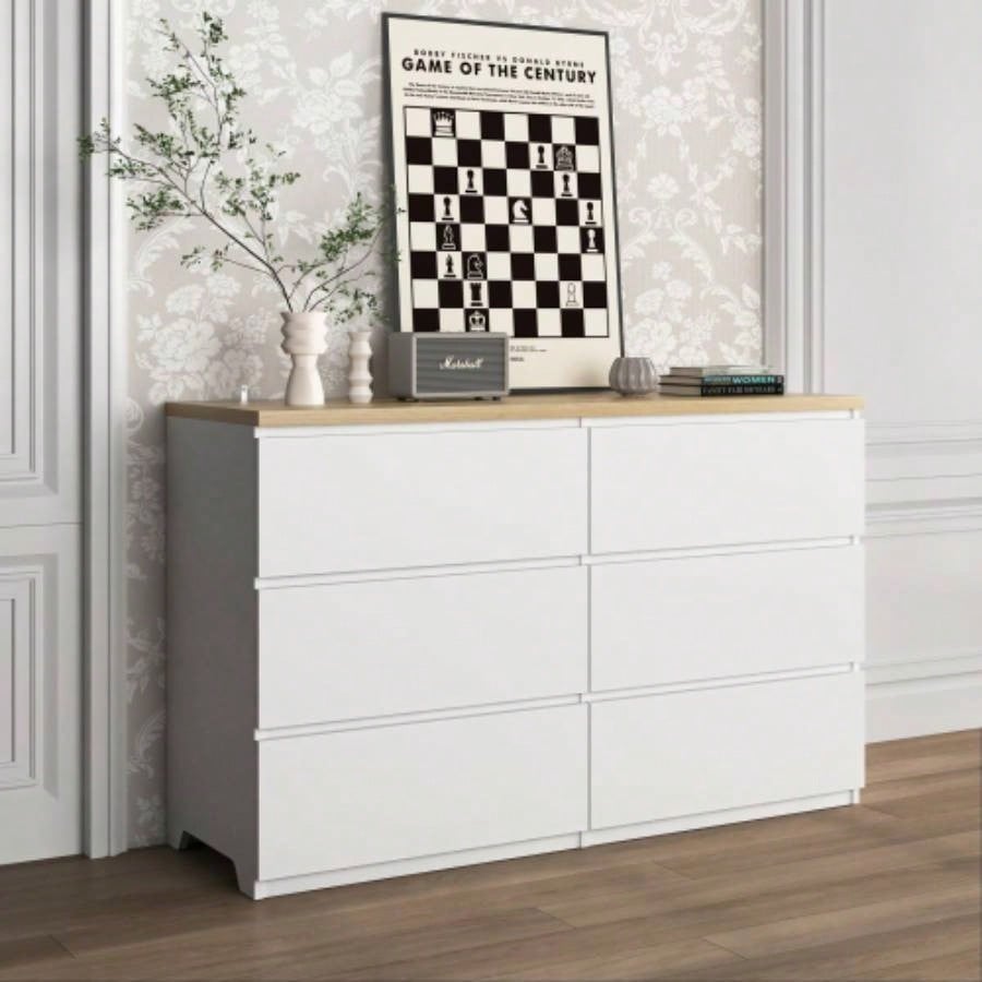 6 Drawer Storage Cabinet, Dresser, Wood Storage Tower Clothes Organizer, Wide Chest of 6 Drawers, Large Storage Space Bedroom, Hallway, Entryway Living Room