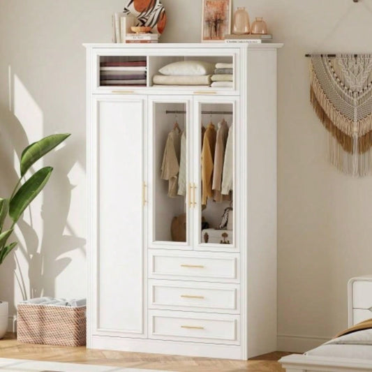 3 Door Wardrobe Armoire Closet with LED and 3 Drawers, White