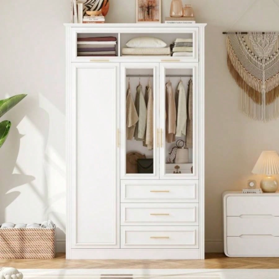 3 Door Wardrobe Armoire Closet with LED and 3 Drawers, White