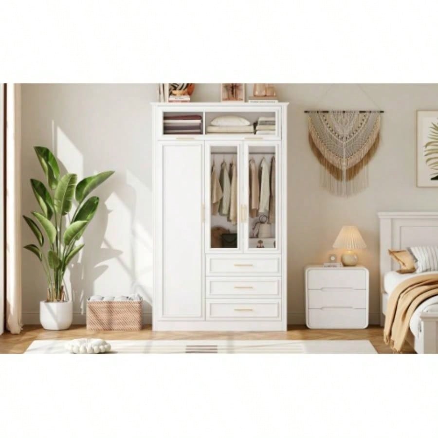 3 Door Wardrobe Armoire Closet with LED and 3 Drawers, White