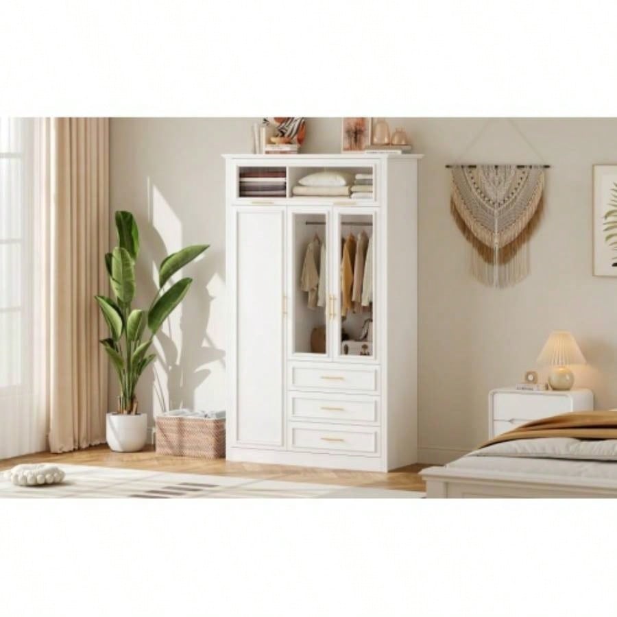 3 Door Wardrobe Armoire Closet with LED and 3 Drawers, White