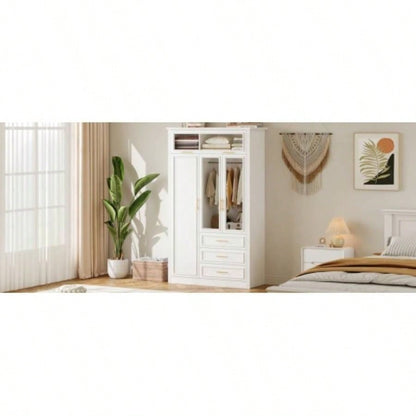 3 Door Wardrobe Armoire Closet with LED and 3 Drawers, White