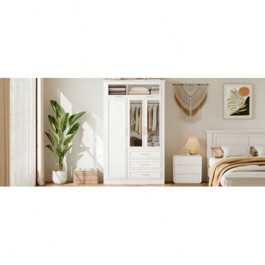 3 Door Wardrobe Armoire Closet with LED and 3 Drawers, White
