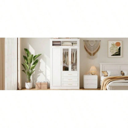 3 Door Wardrobe Armoire Closet with LED and 3 Drawers, White