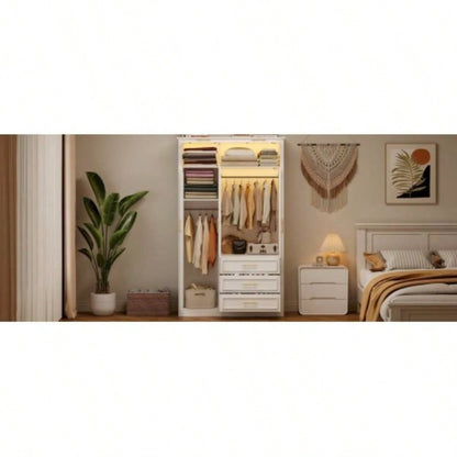 3 Door Wardrobe Armoire Closet with LED and 3 Drawers, White