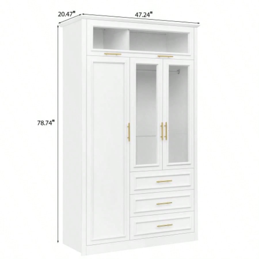 3 Door Wardrobe Armoire Closet with LED and 3 Drawers, White