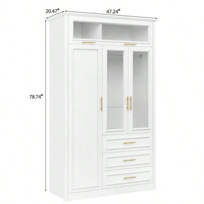 3 Door Wardrobe Armoire Closet with LED and 3 Drawers, White