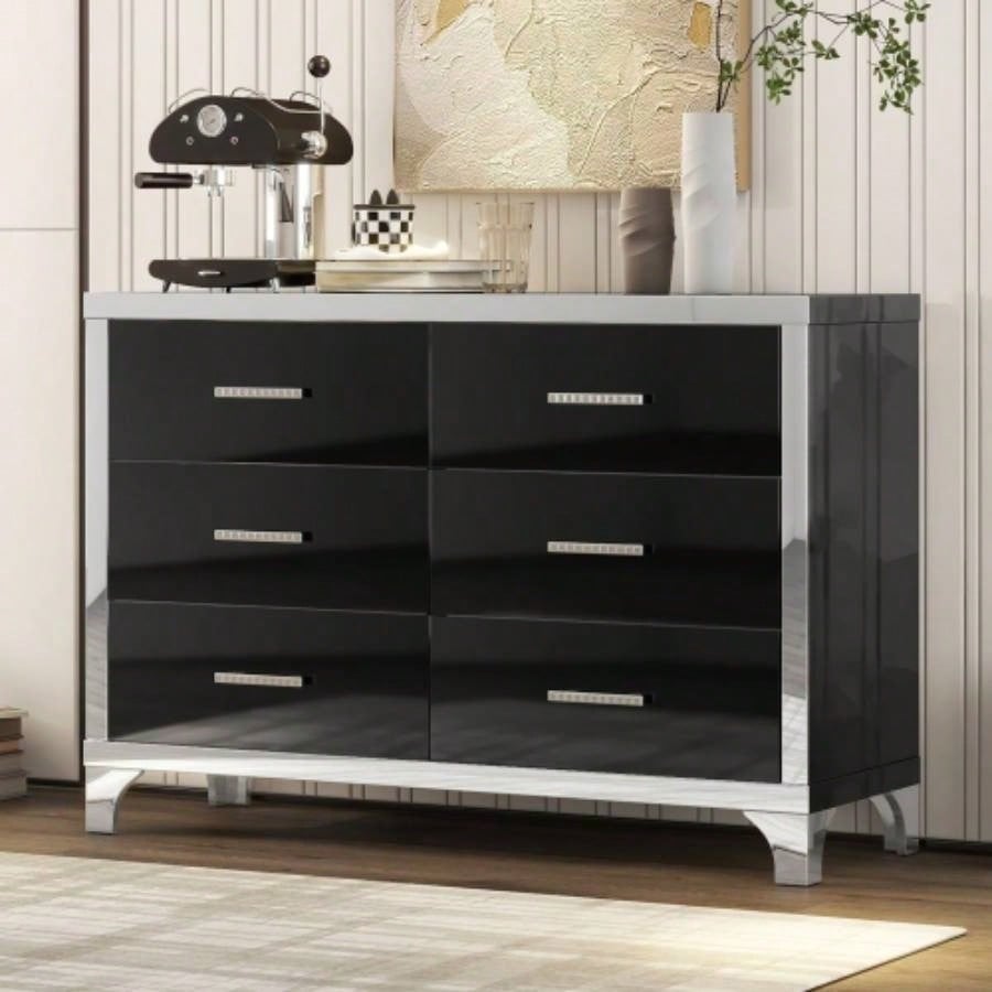 Elegant High Gloss Dresser with Metal Handle, Mirrored Storage Cabinet with 6 Drawers Bedroom, Living Room, Black