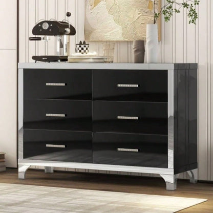 Elegant High Gloss Dresser with Metal Handle, Mirrored Storage Cabinet with 6 Drawers Bedroom, Living Room, Black