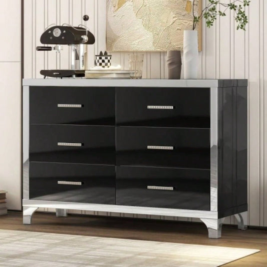 Elegant High Gloss Dresser with Metal Handle, Mirrored Storage Cabinet with 6 Drawers Bedroom, Living Room, Black