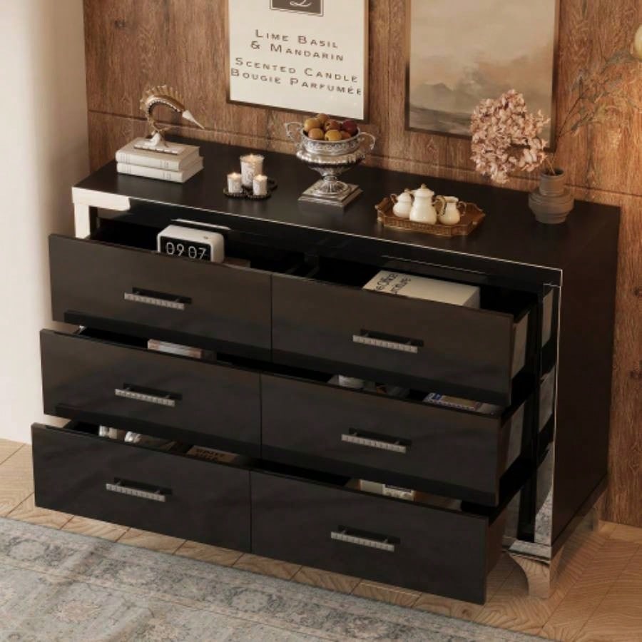 Elegant High Gloss Dresser with Metal Handle, Mirrored Storage Cabinet with 6 Drawers Bedroom, Living Room, Black