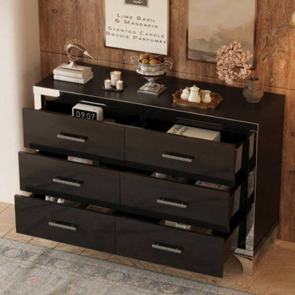 Elegant High Gloss Dresser with Metal Handle, Mirrored Storage Cabinet with 6 Drawers Bedroom, Living Room, Black